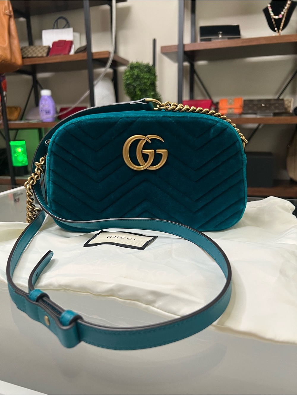 Gucci Teal Velvet GG Marmont Crossbody Bag with Gold Hardware